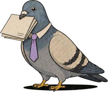 A carrier pigeon in a tie, holding a stack of letters.