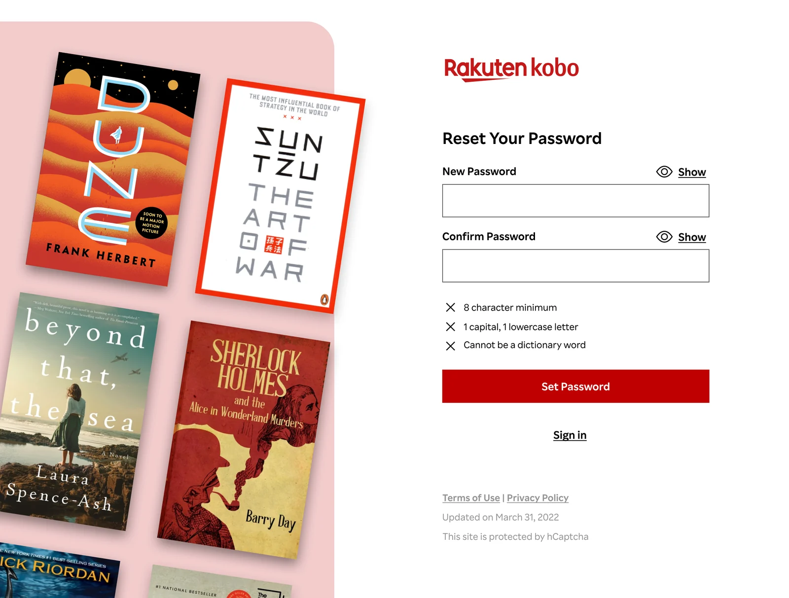 Kobo sign-in and password reset screens
